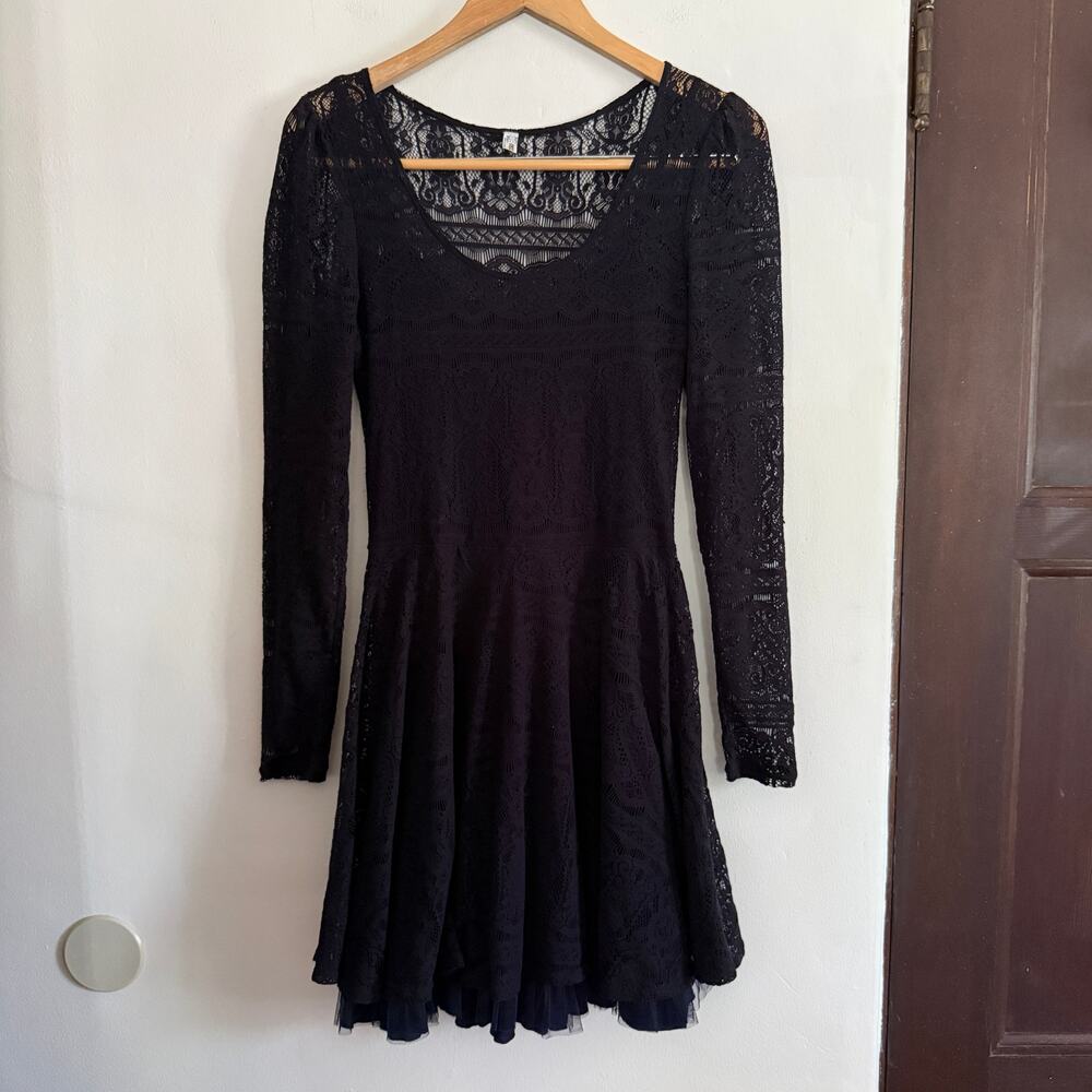 Vintage Free People Black Lace Mesh Crinoline Skater Dress Sm Goth Indie Sleeze